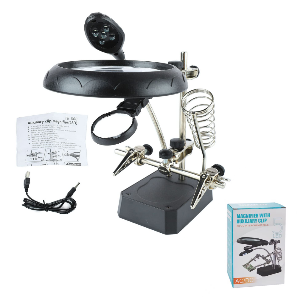 Loupe 3ème Main TE-800 avec Pince Auxiliaire & 5 LEDs – Support Soudure et Bricolage
